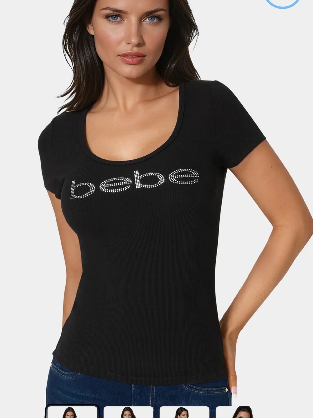 bebe Black Scoop Neck Tee with Rhinestone Logo